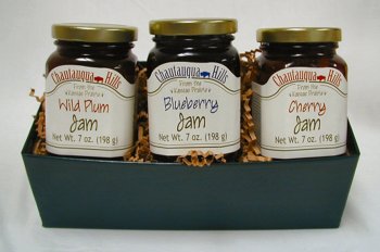 Chautauqua Hills Jams Assortment, three 7 ounce jars