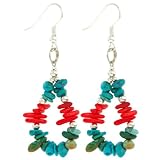 EXP Handmade Red Coral and Blue Turquoise Dangle Earrings With Silver Beads