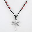 Sterling Silver Dragonfly Pendant with Coral Beads on 16" Thin Black Cord, #8811