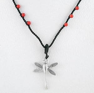 Dragonfly Pendant in Sterling Silver with Coral Gemstone Beads on a 16" Thin Black Braided Choker Cord, #8811