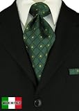 Woven Silk Mens Necktie + Pocket Square Hand Made in Italy By Valenti Ties and Hanky Set Green