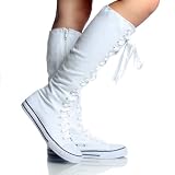 White-Canvas Sneaker Skate Boot Lace Up Women's Knee-High Boots