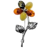 Certified Genuine Multicolor Amber and Sterling Silver Flower Pin
