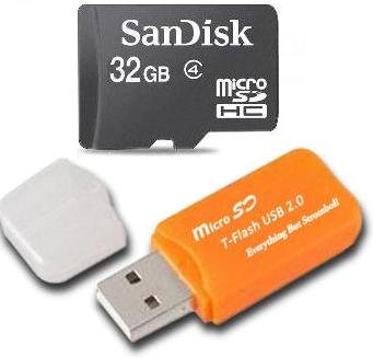 Sandisk 32GB Micro SDHC Class 4 TF Memory Card for Sony Ericsson Xperia PLAY 4G Xperia arc S with Everything But Stromboli Micro SD Orange Card Reader - Bulk Packed