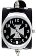Cross Silver Trendy Design Round Steel Black Arabic Numbered Case Punk Rocker Biker Motorcycle Spikes Black Wide Leather Wristband