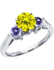 0.71 Ct Round Canary Diamond Blue Tanzanite 18K White Gold 3-Stone Ring