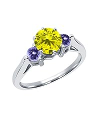 0.71 Ct Round Canary Diamond Blue Tanzanite 18K White Gold 3-Stone Ring
