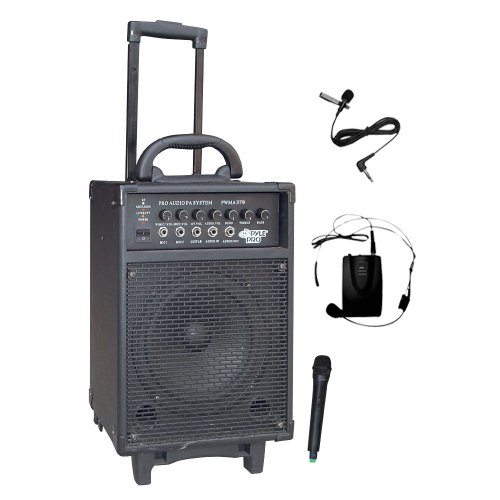 PYLE-PRO PWMA370 300 Watt Dual Channel Wireless Rechageable Portable PA System With Handheld Mic and Lavalier/Headset Mic