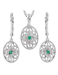 GENUINE EMERALD EARRING AND PENDANT SET RODIUM FINISH STERLING SILVER- 18.00 INCH CHAIN GEMSTONE NECKALCE AND LEVERBACK EARRINGS