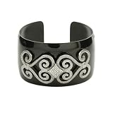 Ladies Stainless Steel Black Plated Cuff Bracelet w/ Cubic Zirconia Scroll Design, 7.75"
