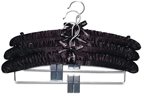Satin Padded Hangers with Clips Black Set 6 with Free 2 Space Saving Hangers
