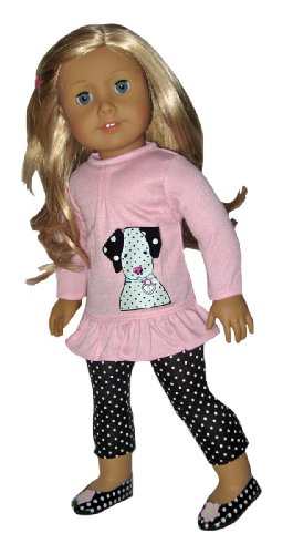 Dot Shoes, Pink Dog Top, and Dot Leggings. Doll Clothes Fit 18