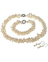 Hydia Three Strands Twisted Dancing Pearl Necklace Bracelet Earrings Set 925 Sterling Silver Clasp