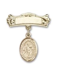 14K Gold Baby Badge with St. Gabriel the Archangel Charm and Arched Polished Badge Pin