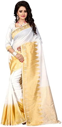 Shree Sanskruti Self Design Poly Cotton White And Gold Color Saree For Women With Blouse Piece