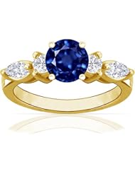 18K Yellow Gold Round Cut Blue Sapphire Ring With Sidestones