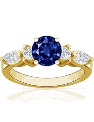 14K Yellow Gold Round Cut Blue Sapphire Ring With Sidestones