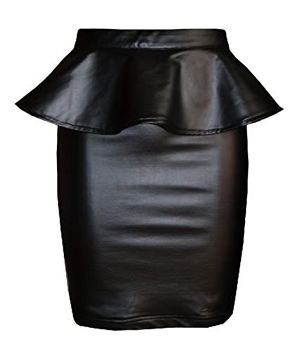 FashionMark Womens Plus Size Wet Look Peplum Pencil Skirt Ladies Celebrity PVC Leather Skirt - Black - Sizes 6-20
