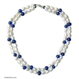 Pearl and onyx necklace, 'Blue Sky' 1.2" W 18.9" L