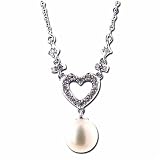 0.10Ct.T.W. Round Brilliant Cut Diamonds, 7mm China White Pearl, 14K White Gold. China Pearl and Diamond Heart Necklace