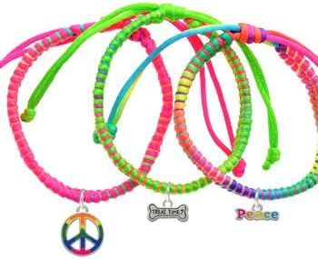 Mini ''Treat Time?'' Silver Dog Bone Two Sided Neon Peace Macrame Friendship Bracelets (Set of 3)
