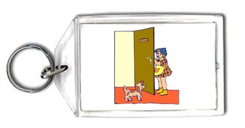 Keychain with body, individuals, individual, humans, woman, person, dog, indoors, human, persons, people, pet, door