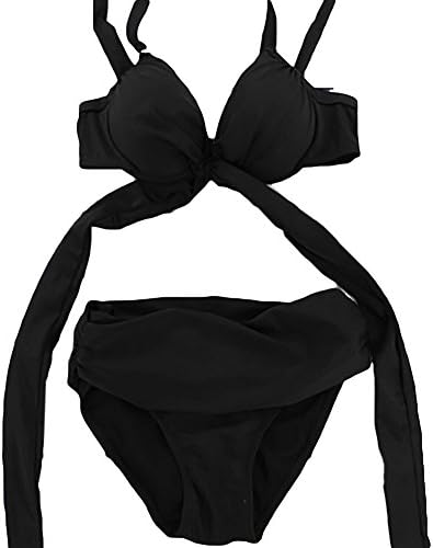 Taihexin Women's Vintage Neck Strap Side Tie 2 Pieces Bikini Set Swimwear Swimsuits Black M
