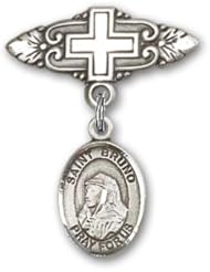 Sterling Silver Baby Badge with St. Bruno Charm and Badge Pin with Cross
