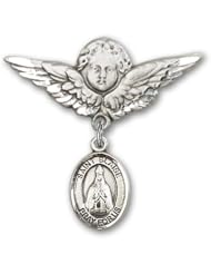 Sterling Silver Baby Badge with St. Blaise Charm and Angel with Wings Badge Pin