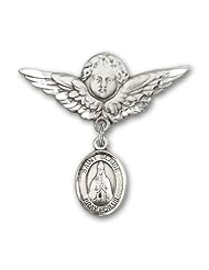 Sterling Silver Baby Badge with St. Blaise Charm and Angel W/wings Badge Pin, Catholic Saint Blaise Patron Saint of Throat Ailments, Veterinarians, Wild Animals, Sore Throat