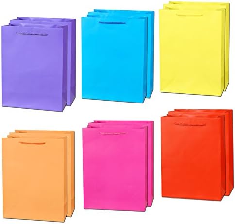 PAPTEL Premium Large Bright Neon Color Paper Gift Bags - 13.8" x 10.5" x 4.5" - Set of 12