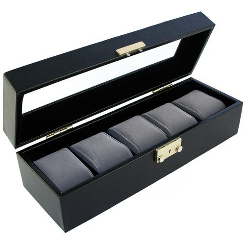 Compact Black Watch Case Storage Box With Clear Top Holds 5 Watches