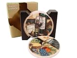 Grapes of Wine Motif Absorbent Stone Ceramic Coasters in Wood Holder, Wine Themes, 2 designs