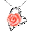 Red Coral Rose Heart Shaped Platinum Overlay CAREFREE Sterling Silver Pendant Necklace