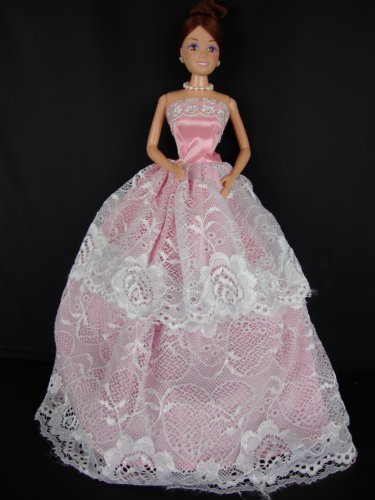 Pink Ball Gown with Lots of Bright White Lace Made to Fit the Barbie Doll
