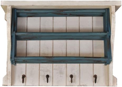Distressed Wood Drying Rack With Shelves & Hooks (White/Blue)