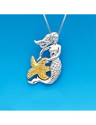 14K Two Tone Gold Mermaid and Starfish Necklace Pendant with Box Chain