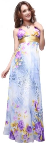 Ever Pretty Charming Floral Printed Empire Line V Neck Long Party Prom Gown 09446, HE09446BL12, Multiple(blue), 10US
