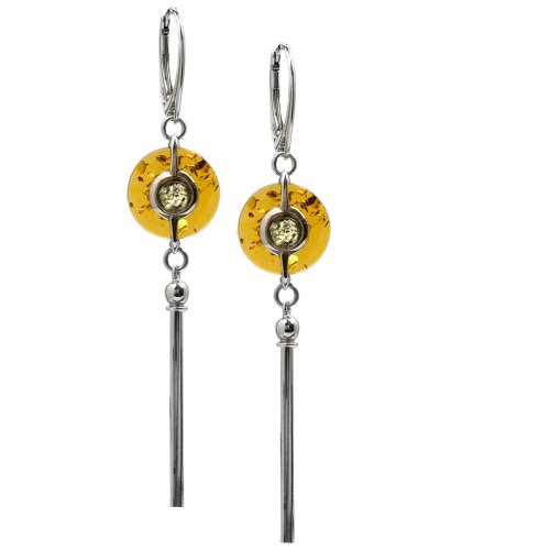 Sterling Silver Multi-Color Amber Round Tassle Leverback Earrings