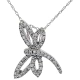 14k White Gold 18 in. Thin Chain & 3/4 in. (19mm) tall Diamond Dragonfly Pendant, w/ 0.25 Carat Brilliant Cut Diamonds