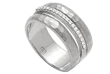 14K White Gold Hand-Crafted Matte-Finish Hammered-Finish Designer Ring, Enhanced with Pave Set Diamonds.