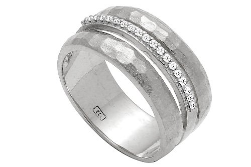 14K White Gold Hand-Crafted Matte-Finish Hammered-Finish Designer Ring, Enhanced with Pave Set Diamonds.