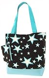 Cute! Stars Print Tote Bag w/ Coin Purse Included Turquoise Blue and Brown