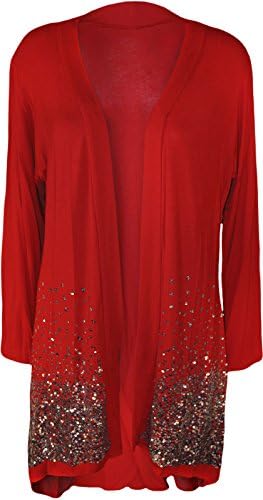 Nauvelle Womens Plus Size Sequin Glitter Long Sleeve Open Sparkle Cardigan Top-Red-26/28