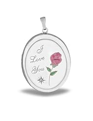 Sterling Silver "I Love You -w/ Enamel Flower and CZ" Oval Locket 1 inch x 1 1/4 inch