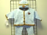 Cpk5bb, Knitted on Hand Knitting Machine Then Finished By Hand Crochet Infant Boys Outfit, Containing Blue Chenille with Beige Chenille Trim Cardigan Sweater, Hat Set .. Outfit Is Trimmed with Sky Blue Foot Ball Patches.