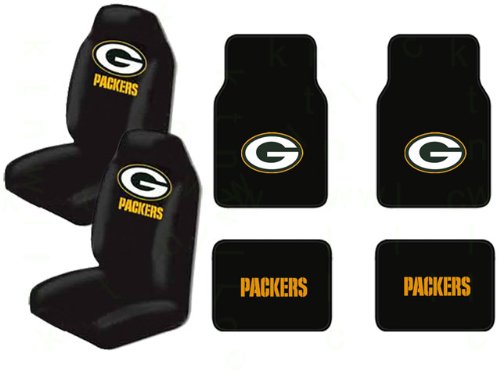 A Set of 4 Universal Fit NFL Plush Carpet Floor Mats and A Set of 2 Universal Fit Seat Covers - Green Bay Packers