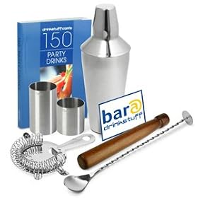 Manhattan Cocktail Shaker Set by bar@drinkstuff | Home Cocktail Set with Manhattan Cocktail Shaker, Book, Hawthorne Cocktail Strainer, Muddler, Twisted Mixing Spoon, 25ml Thimble Bar Measure & 50ml Thimble Bar Measure