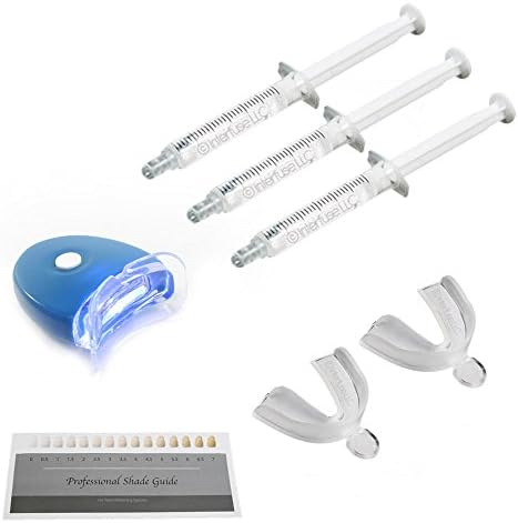 Teeth Whitening System Dental Gel Kit 44% Peroxide Bleaching Tooth Whitener (3) 3ml Gel Refills, Accelerator Light, Trays & Guide