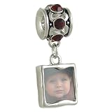 January Birthstone Bead Photo Charm Garnet Red Crystal Silver Plated fits European Bracelet